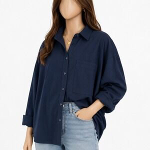 COS Womens Oversized Black/Navy Twill Button Down Shirt Size M/L Relaxed Fit